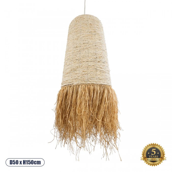 GloboStar® LETA 02171 Boho Κρεμαστό Φωτιστικό Πλέγμα Μονόφωτο 1 x E27 IP20 Μπεζ Ράφια - Μ50 x Π50 x Υ150cm