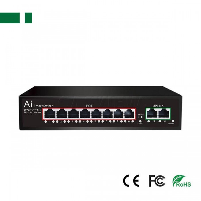 ANGA POE Switch(8+2 Built-in), 8 Port 10/100M, 1. POE Port: 8*10/100Mbps; Uplink Port: 2*10/100Mbps; 2. Built in DC52V 2.3A 120W Power,Bandwidth:2G